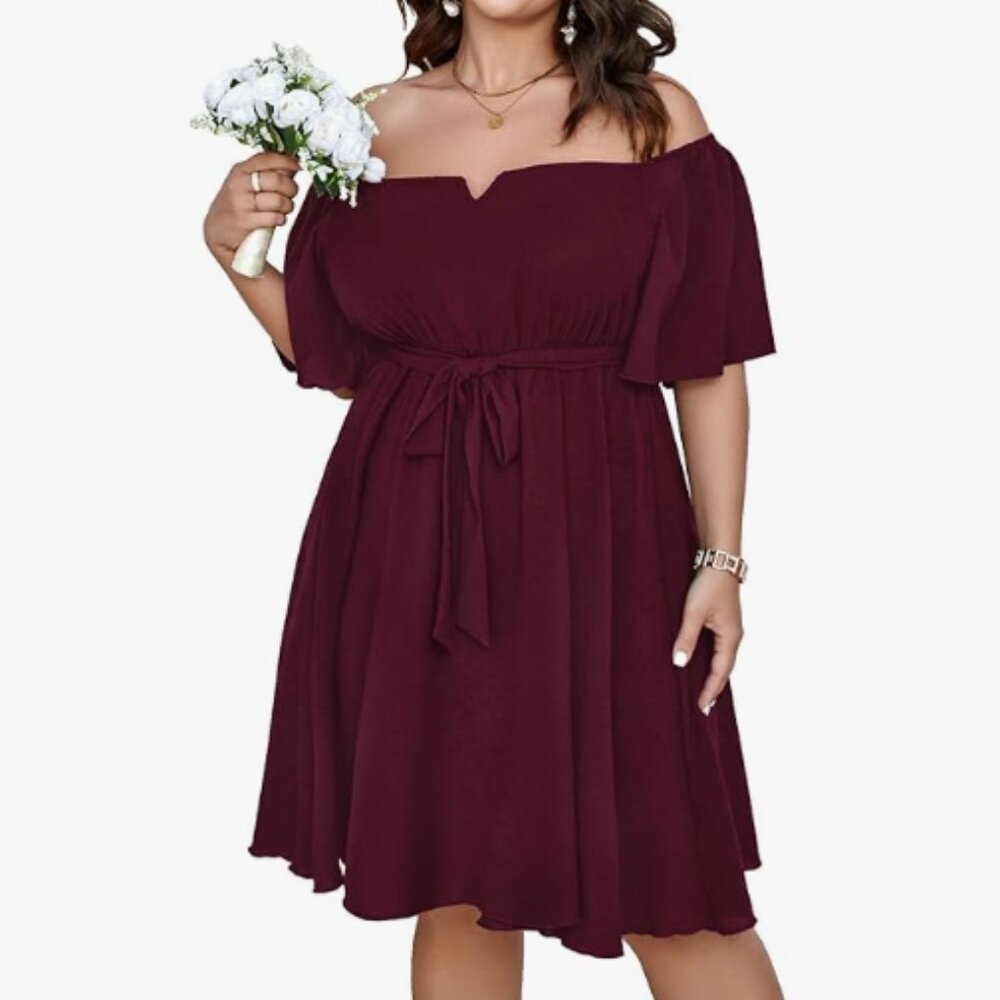 SCOMCHIC - Womens Plus Size Dress Off Shoulder Short Sleeve Flowy